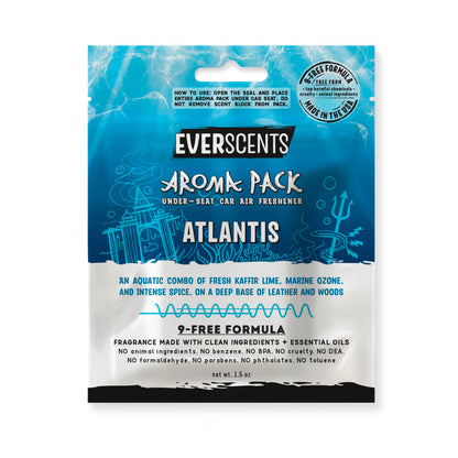 Everscents Aroma Pack under-seat car air freshener pouch. The upper half features an underwater motif of ocean blue gradient with watery reflections and a linework illustration of the city of Atlantis with a coral reef, trident, fish, and eel with the brand text 'Everscents Aroma Pack' and the ‘Atlantis’ scent name, while the lower white half displays a text description of the scent profile and product information, shown isolated on a white background.
