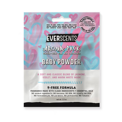 Everscents Aroma Pack under-seat car air freshener pouch. The upper half features a graphic brushstroke heart pattern in baby blue and baby pink on a swirling blue and pink background with the brand text 'Everscents Aroma Pack' and the ‘Baby Powder’ scent name, while the lower white half displays a text description of the scent profile and product information, shown isolated on a white background.