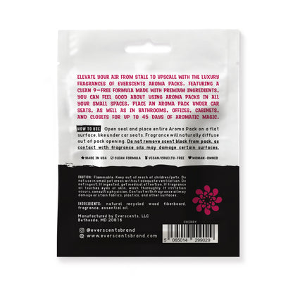 The back of the Everscents Aroma Pack pouch. The upper half is white, featuring an introductory product description printed in deep red text and usage instructions printed in black text. The lower half is black with white text, containing product warnings, ingredient list, manufacturer information, brand website, a barcode, and the brand logo, shown isolated on a white background.