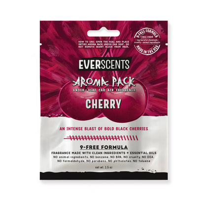 Everscents Aroma Pack under-seat car air freshener pouch. The upper half features a graphic cherry illustration over a deep red and burgundy abstract brushstroke background with the brand text 'Everscents Aroma Pack' and the ‘Cherry’ scent name, while the lower white half displays a text description of the scent profile and product information, shown isolated on a white background.