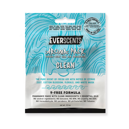 Everscents Aroma Pack under-seat car air freshener pouch. The upper half features a light aqua blue abstract wavy pattern with the brand text 'Everscents Aroma Pack' and the ‘Clean’ scent name, while the lower white half displays a text description of the scent profile and product information, shown isolated on a white background.