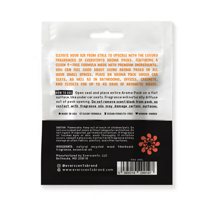 The back of the Everscents Aroma Pack pouch. The upper half is white, featuring an introductory product description printed in orange text and usage instructions printed in black text. The lower half is black with white text, containing product warnings, ingredient list, manufacturer information, brand website, a barcode, and the brand logo, shown isolated on a white background.