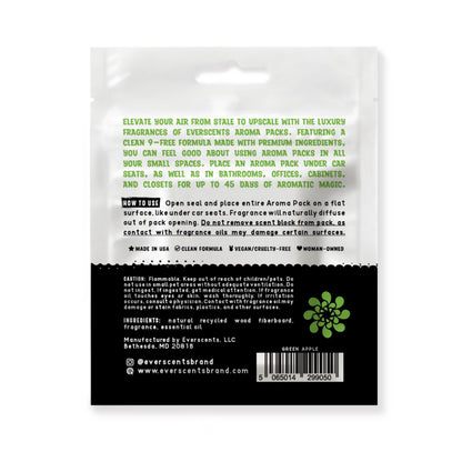 The back of the Everscents Aroma Pack pouch. The upper half is white, featuring an introductory product description printed in bright green text and usage instructions printed in black text. The lower half is black with white text, containing product warnings, ingredient list, manufacturer information, brand website, a barcode, and the brand logo, shown isolated on a white background.