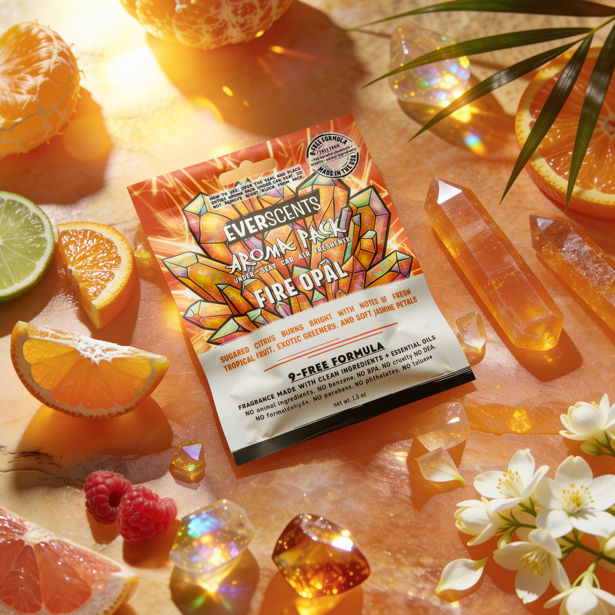 A warm sunny flat-lay scene of an Everscents Aroma Pack under-seat air freshener pouch in the Fire Opal scent styled on an orange quartz stone background surrounded by artfully scattered orange slices, grapefruit slice, lime slice, raspberries, jasmine flowers, green palm leaf, and orange crystals, evoking a high-end tropical spa-like atmosphere.