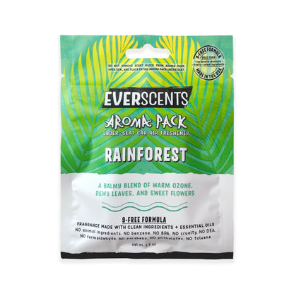 Everscents Aroma Pack under-seat car air freshener pouch. The upper half features a green and yellow palm leaf pattern in front of an aqua green background with the brand text 'Everscents Aroma Pack' and the ‘Rainforest’ scent name, while the lower white half displays a text description of the scent profile and product information, shown isolated on a white background.